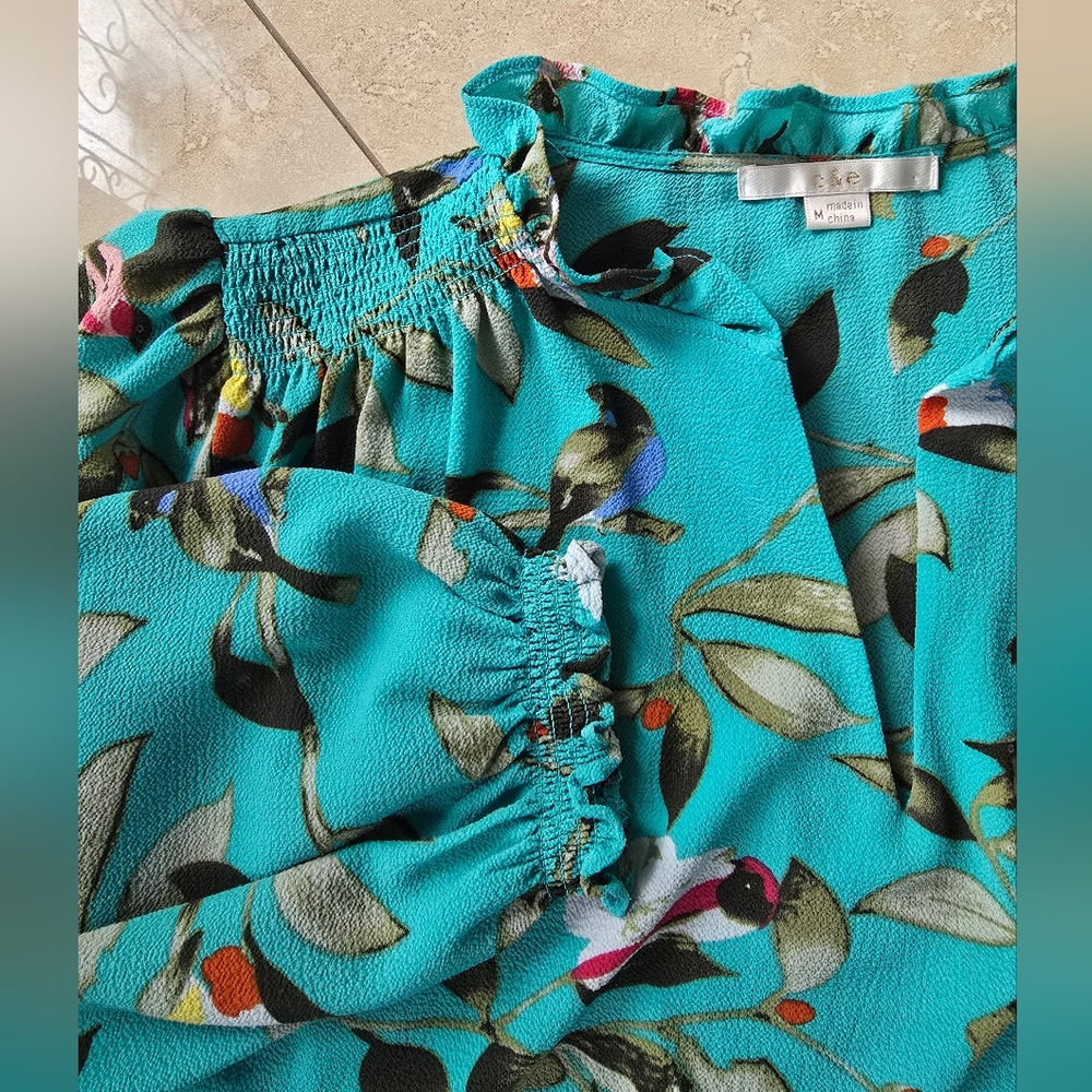 Vibrant Teal Floral Blouse - Picture 6 of 10